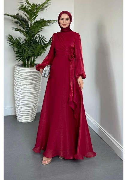 Celia Yandan Bağlamalı Janjan Abiye Bordo