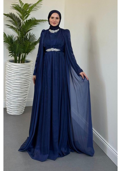 Solea Kolları Pelerinli Taşlı Abiye Lacivert fiyatları