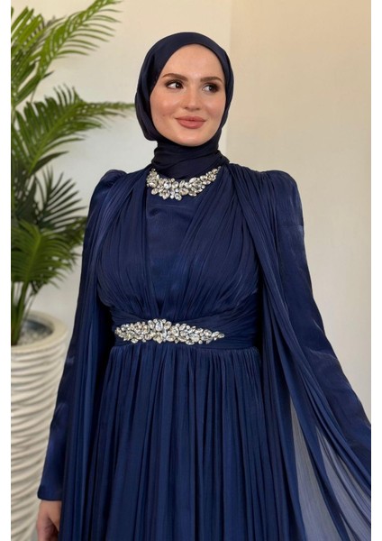 Solea Kolları Pelerinli Taşlı Abiye Lacivert modelleri