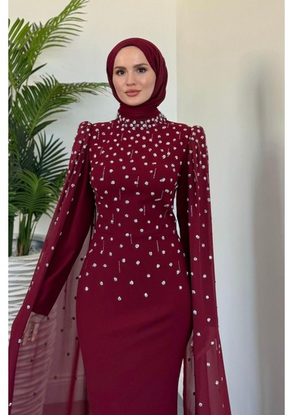 Flow Taşlı Pelerinli Abiye Bordo modelleri