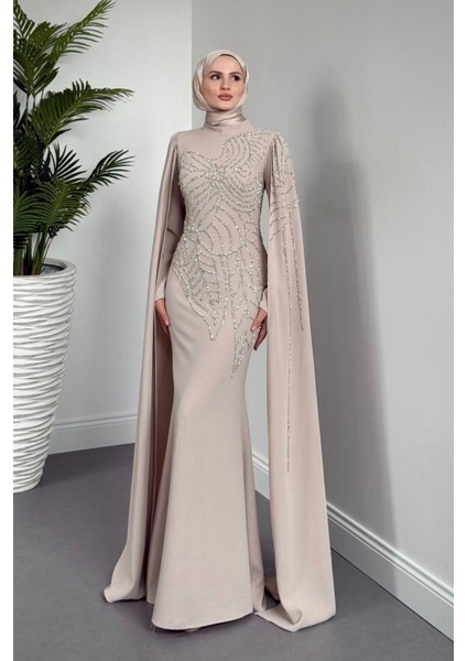 Mery Taşlı Pelerinli Abiye Krem