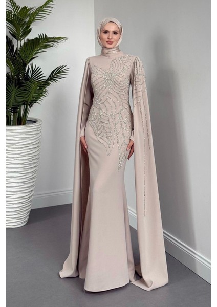 Mery Taşlı Pelerinli Abiye Krem fiyatları