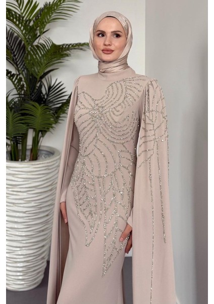 Mery Taşlı Pelerinli Abiye Krem modelleri