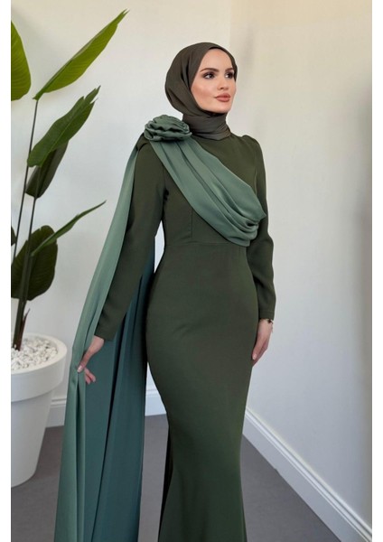 Castilya Pelerinli Omzu Gül Abiye Haki modelleri