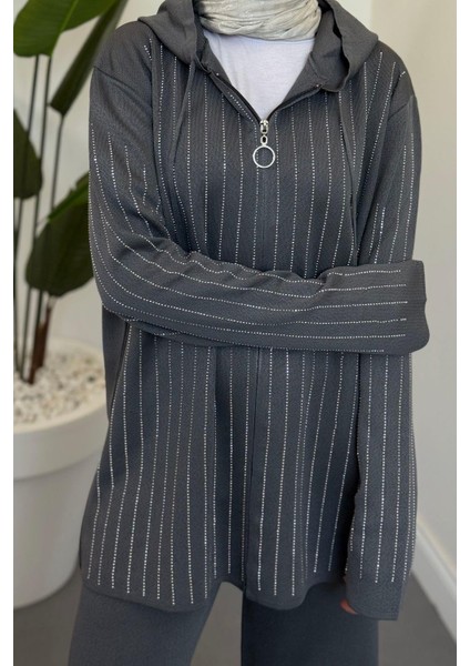 Verona Taşlı Fermuarlı Kapüşonlu Takım Füme modelleri