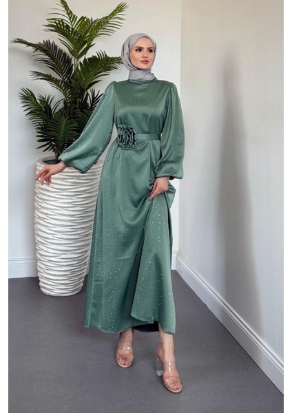 Margherita Taşlı Balon Kol Abiye Mint