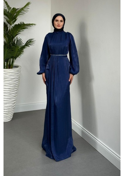 Shay Beli ve Kolu Baget Taşlı Abiye Janjan Abiye Lacivert