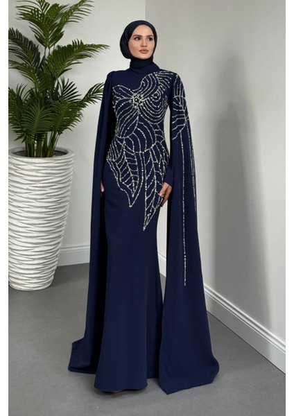 Mery Taşlı Pelerinli Abiye Lacivert