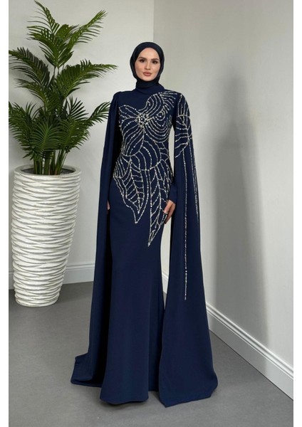 Mery Taşlı Pelerinli Abiye Lacivert fiyatları