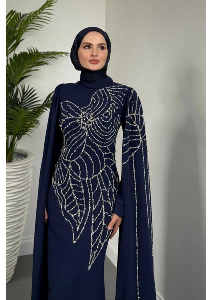 Mery Taşlı Pelerinli Abiye Lacivert modelleri