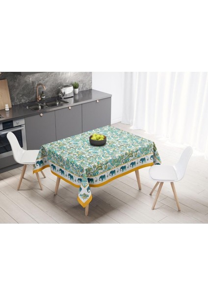 Blue Elephant Masa Örtüsü - ( Fil Desenli, Ince Keten, Uluslararası Yıkama ve Solmama Sertifikası)