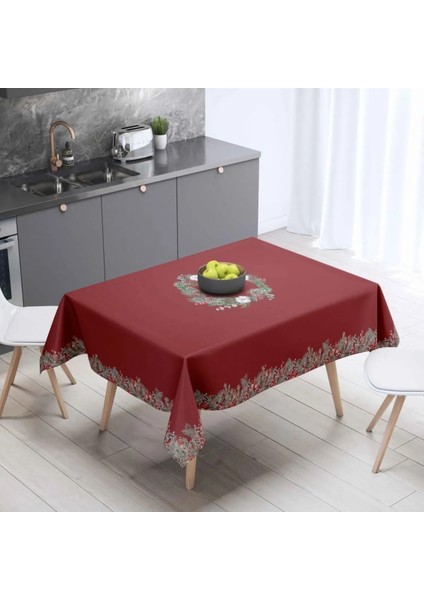 Kırmızı Mini Kozalak Detaylı Masa Örtüsü- Ince Keten Uluslararası Yıkama ve Solmama Sertifikası