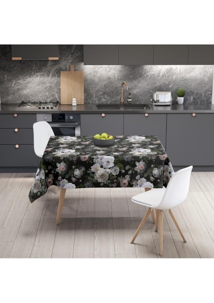 Siyah Çiçek Masa Örtüsü - (Ince Keten, Uluslararası Yıkama ve Solmama Sertifikası)