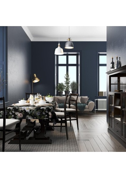 Siyah Çiçek Masa Örtüsü - (Ince Keten, Uluslararası Yıkama ve Solmama Sertifikası) fırsatları