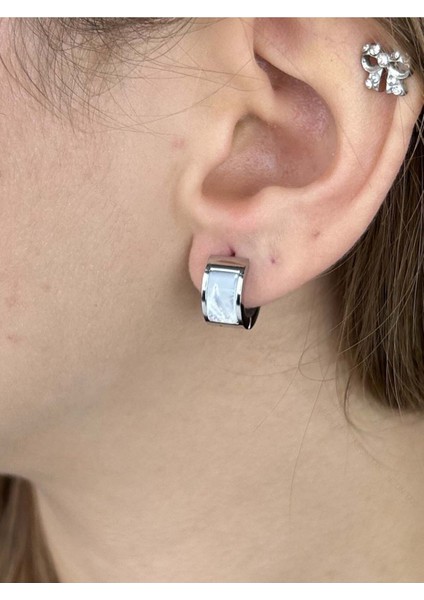 Sedefli, Halka Model, Paslanmaz Çelik Küpe 538, Kasa Gümüş Renk