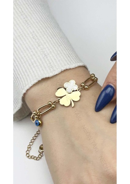 Göz Ve Yonca Figürlü, Paslanmaz Çelik Zincir Bileklik 20, Altın Renk