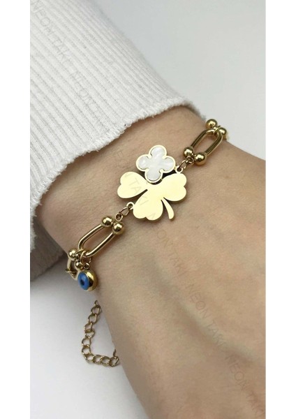 Göz Ve Yonca Figürlü, Paslanmaz Çelik Zincir Bileklik 20, Altın Renk fiyatları