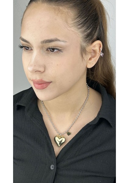 Kolye, Kararmayan Paslanmaz Çelik, Kalp Detaylı, Top Zincir, Gümüş Renk, Model102
