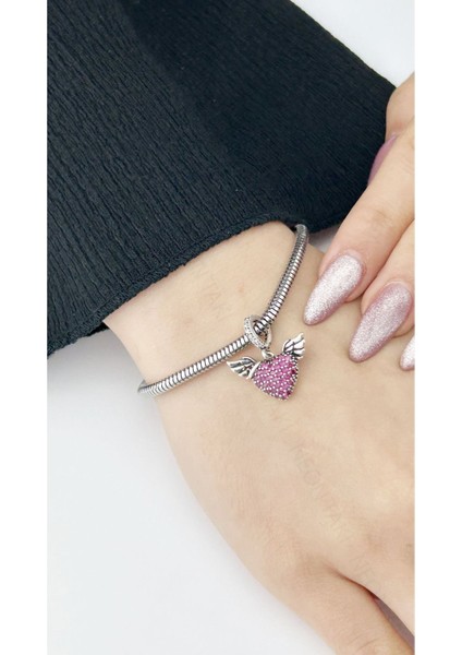 Charm, Kararmayan Çelik, Melek Kanadı ve Kalp (BİLEKLİK DAHİL DEĞİLDİR!!), Gümüş Renk, Model10