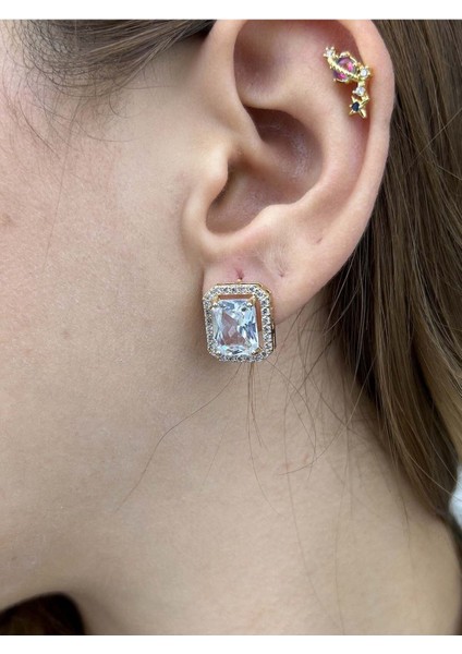 Zirkon Taşlı, Baget Model, Paslanmaz Çelik Küpe 42, Kasa Altın Renk