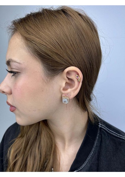 Zirkon Taşlı, Baget Model, Paslanmaz Çelik Küpe 42, Kasa Altın Renk fiyatları