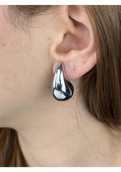 Damla Bottega, Paslanmaz Çelik Küpe 318, Gümüş Renk, G15mm, Y28mm