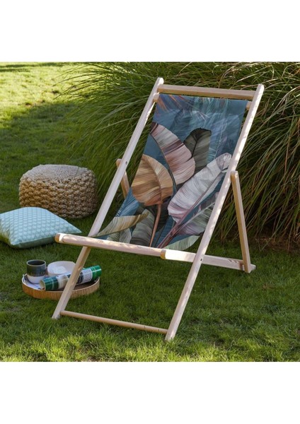 Tropikal Yaprak Tasarımlı Katlanır Şezlong (Ahşap Fırınlanmış Gürgen Ağacı, Süet Kumaş)