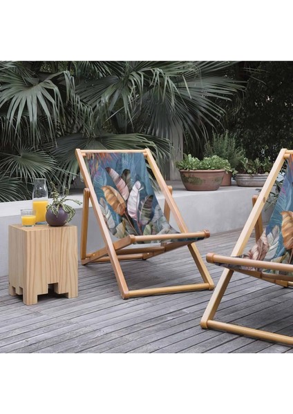 Tropikal Yaprak Tasarımlı Katlanır Şezlong (Ahşap Fırınlanmış Gürgen Ağacı, Süet Kumaş) modelleri