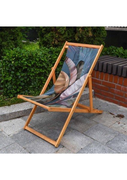Tropikal Yaprak Tasarımlı Katlanır Şezlong (Ahşap Fırınlanmış Gürgen Ağacı, Süet Kumaş)