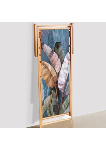 Tropikal Yaprak Tasarımlı Katlanır Şezlong (Ahşap Fırınlanmış Gürgen Ağacı, Süet Kumaş)