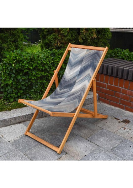 Mavi Geometrik Katlanır Şezlong (Ahşap Fırınlanmış Gürgen Ağacı, Süet Kumaş)