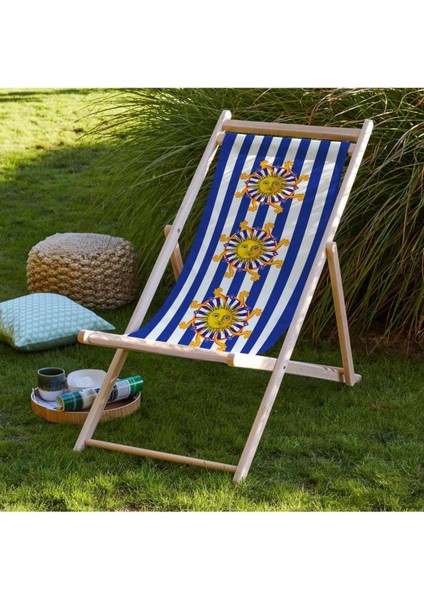Mavi Çizgili Katlanır Şezlong (Ahşap Fırınlanmış Gürgen Ağacı, Süet Kumaş)