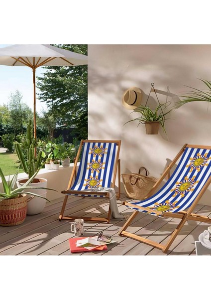 Mavi Çizgili Katlanır Şezlong (Ahşap Fırınlanmış Gürgen Ağacı, Süet Kumaş) fırsatları