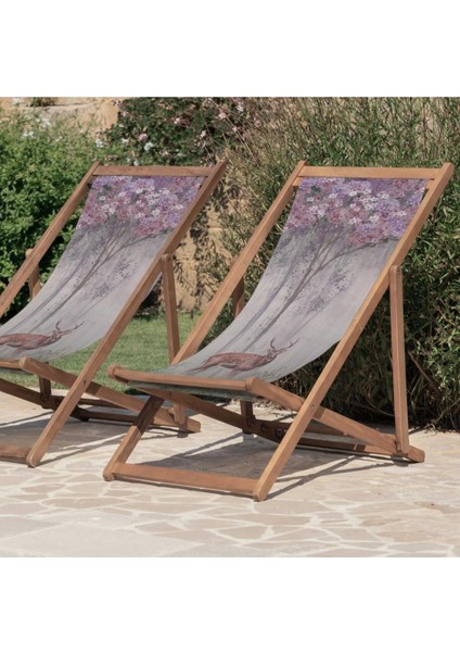 Purple Mini Flowers And Gazels Katlanır Şezlong (Ahşap Fırınlanmış Gürgen Ağacı, Süet Kumaş)