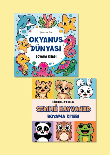 Okyanus Dünyası & Sevimli Hayvanlar 2’li Boyama Kitabı Seti | 4-7 Yaş Çocuklar Için | Toplam 52 Sayfa | Eğitici ve Eğlenceli Çocuk Boyama Kitapları