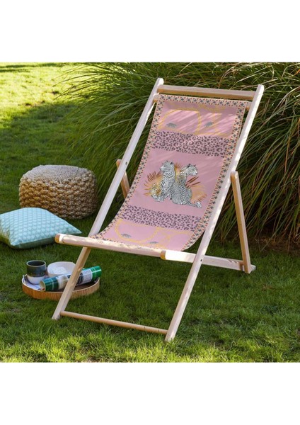 Pembe Leopar Tasarımlı Katlanır Şezlong (Ahşap Fırınlanmış Gürgen Ağacı, Süet Kumaş)