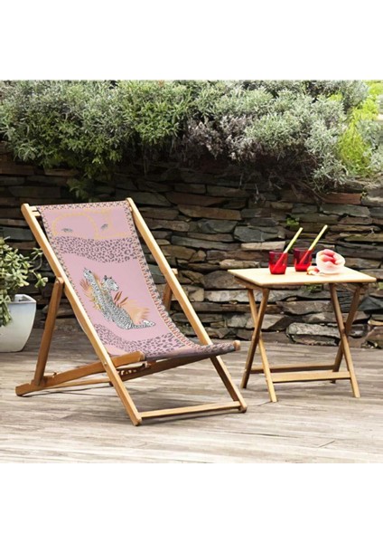 Pembe Leopar Tasarımlı Katlanır Şezlong (Ahşap Fırınlanmış Gürgen Ağacı, Süet Kumaş) modelleri