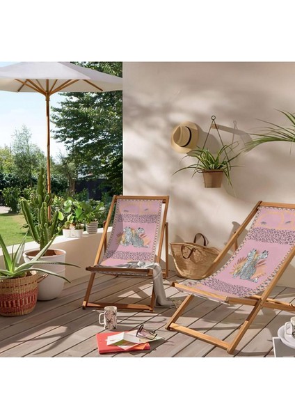 Pembe Leopar Tasarımlı Katlanır Şezlong (Ahşap Fırınlanmış Gürgen Ağacı, Süet Kumaş) fırsatları