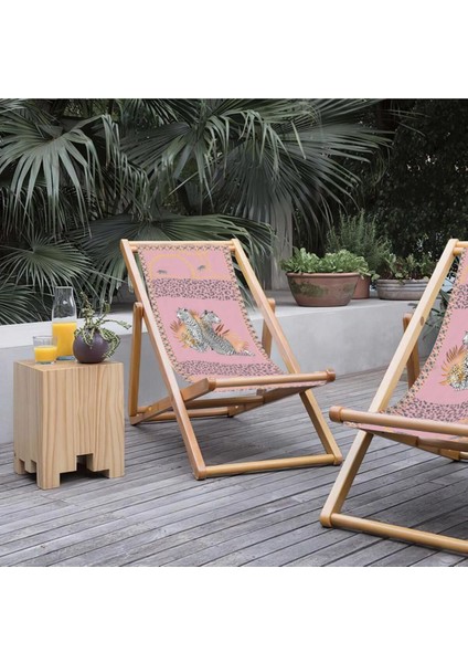 Pembe Leopar Tasarımlı Katlanır Şezlong (Ahşap Fırınlanmış Gürgen Ağacı, Süet Kumaş) indirimleri