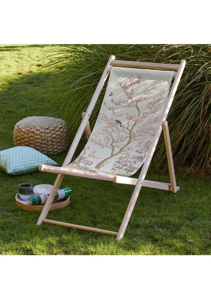 Pembe Çiçek Tasarımlı Katlanır Şezlong (Ahşap Fırınlanmış Gürgen Ağacı, Süet Kumaş)