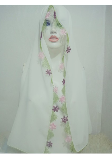 El Emeği Iğne Oyalı Namaz Örtüsü Çeyizlik Mevlit Başörtüsü Krep Kumaş 145X75 cm