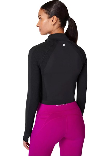 Athlete Crop Seamless Workout Zip Up Kadın Siyah Koşu Ceketi