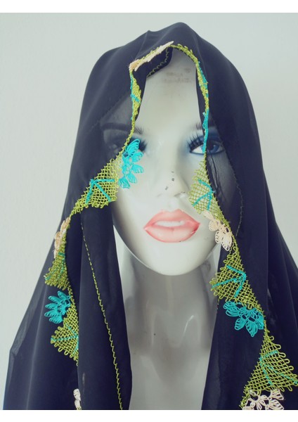 El Emeği Iğne Oyalı Namaz Örtüsü Çeyizlik Mevlit Başörtüsü Krep Kumaş 145X75 cm