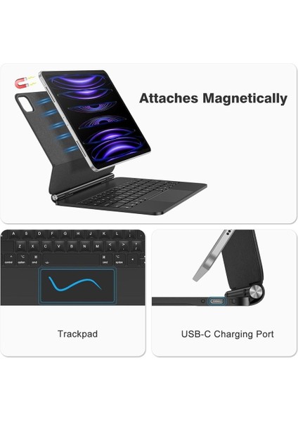 iPad A16 / 10. Nesil (2022-2025) Uyumlu Magic Touchpad Işıklı Klavyeli Kılıf – Manyetik, Kablosuz, Premium Tablet Klavye Case