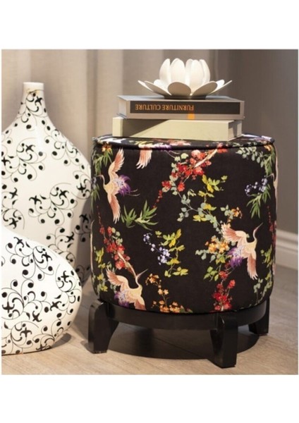 Sarı Kuş Detay Ahşap Ayaklı Puf