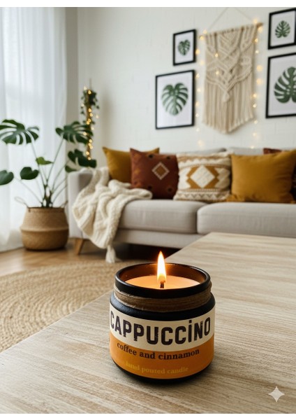 Cappuccino: Özel Tasarım Kavanoz Kahve ve Tarçın Kokulu Mum, 250 gr Doğal Vegan Soya Wax Mumu.