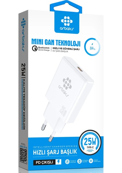 Mini Gan Teknoloji 25W Pd 25W Tek Girişli Hızlı Şarj Başlik Arbaks ARB-015B