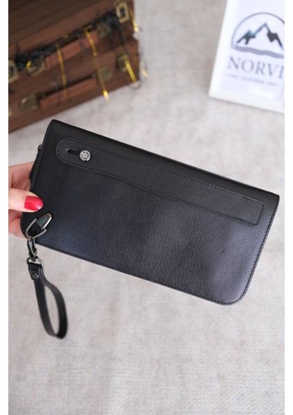 El Tutamaçlı Çok Bölmeli Lüks Hakiki Deri Çanta Siyah