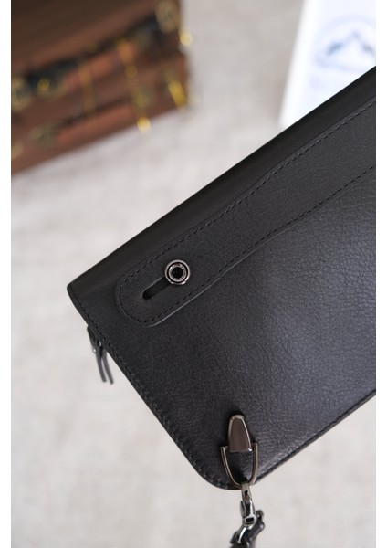 El Tutamaçlı Çok Bölmeli Lüks Hakiki Deri Çanta Siyah