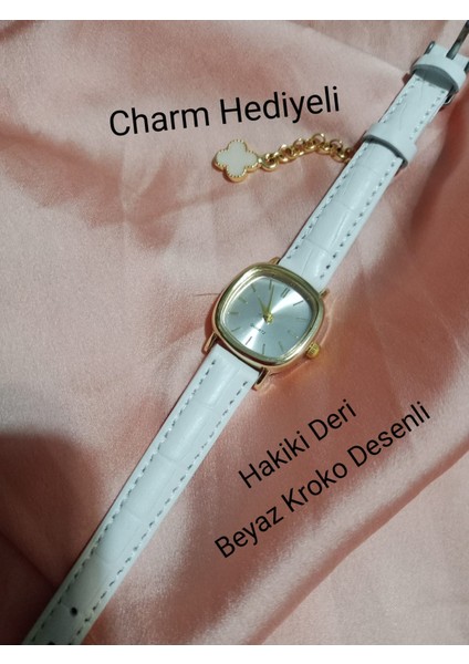 Retro Still Marka Model Vintage Oval Charmlı Gold Kasa - Hakiki Deri Beyaz Kordon Kadın Kol Saati 0021